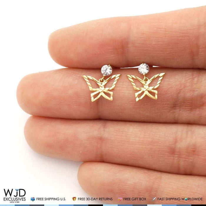 14K Yellow Gold Diamond-Cut CZ Butterfly Dangle Screw Back Earrings