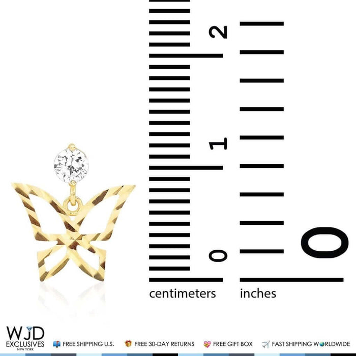 14K Yellow Gold Diamond-Cut CZ Butterfly Dangle Screw Back Earrings