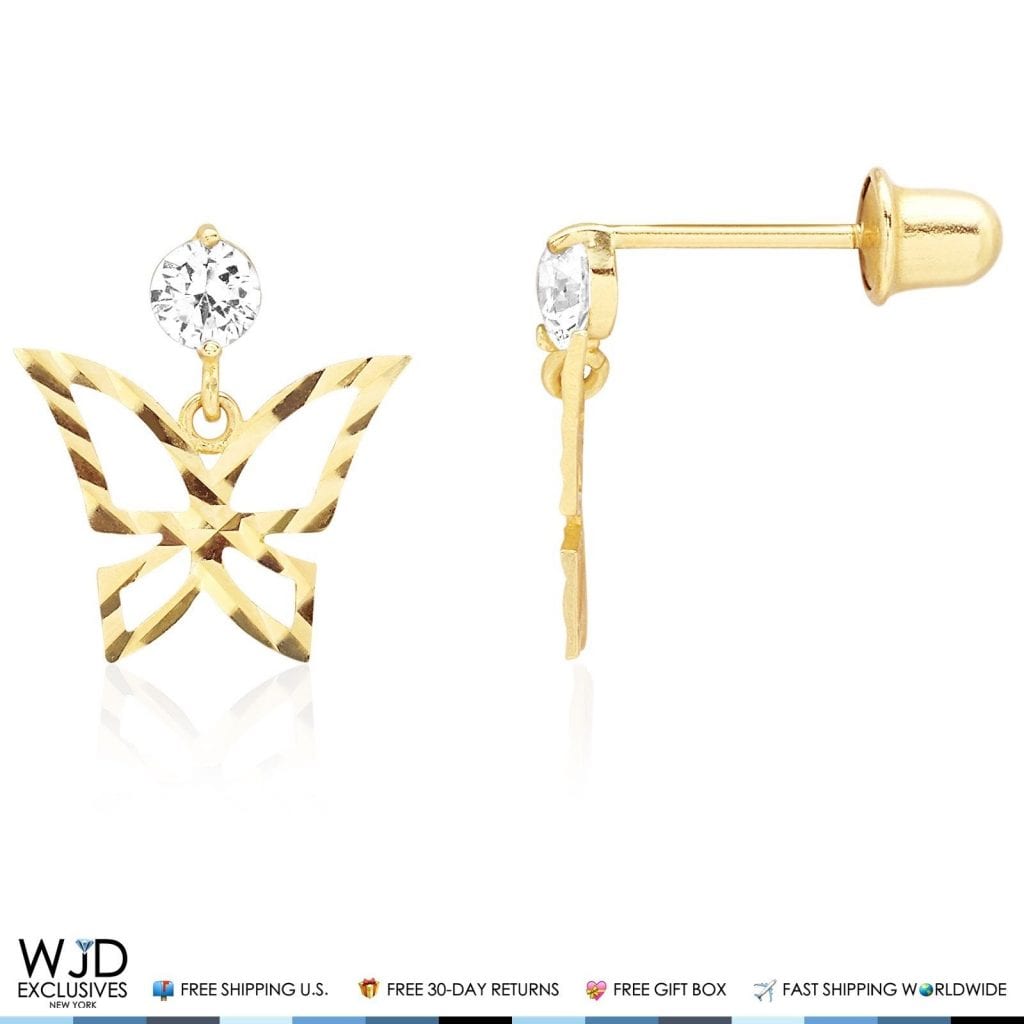 14K Solid Yellow Gold Diamond Cut Zircon Butterfly Dangle Screwback Earrings