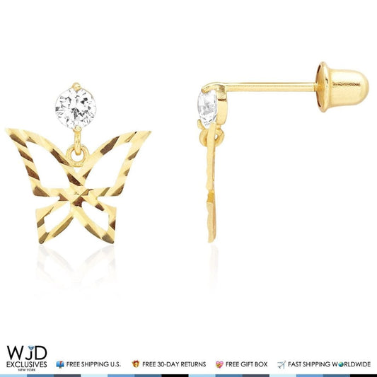 14K Solid Yellow Gold Diamond Cut Zircon Butterfly Dangle Screwback Earrings