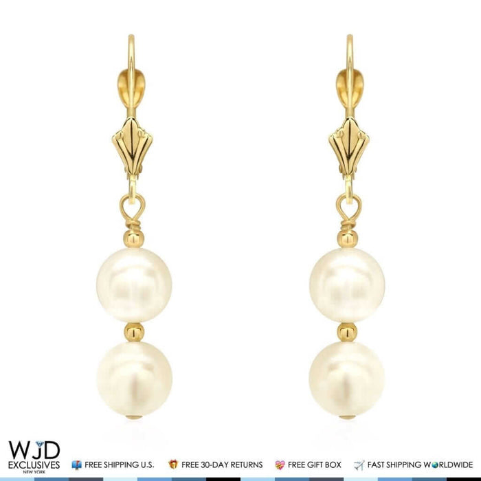 14K Yellow Gold Double Ball Pearl Dangle Drop Leverback Earrings 1.4"