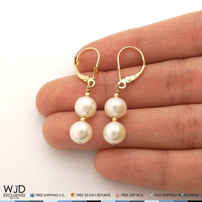 14K Yellow Gold Double Ball Pearl Dangle Drop Leverback Earrings 1.4"