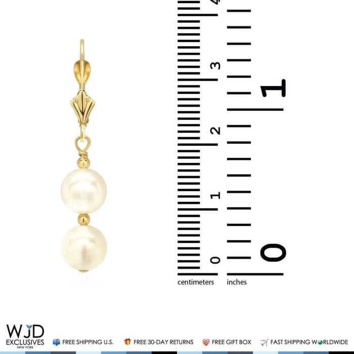 14K Yellow Gold Double Ball Pearl Dangle Drop Leverback Earrings 1.4"