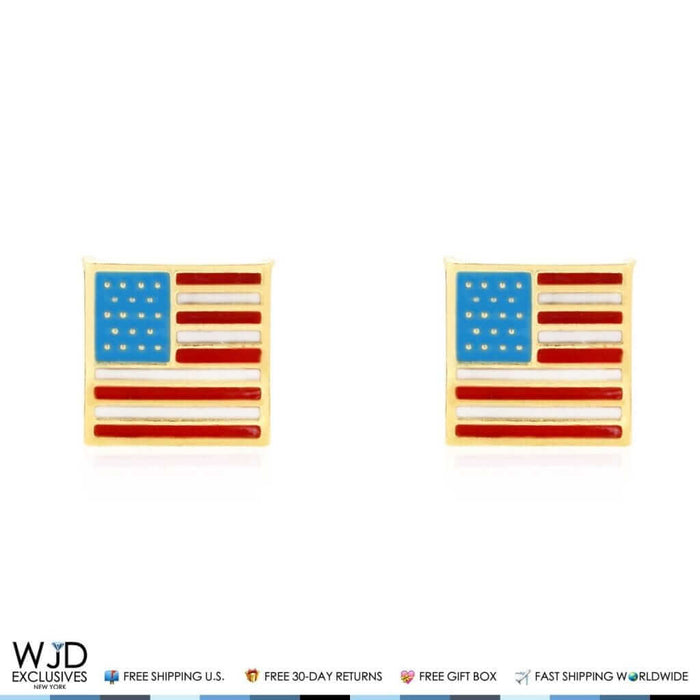 14K Yellow Gold Enamel American Flag July Fourth Screw Back Stud Earrings