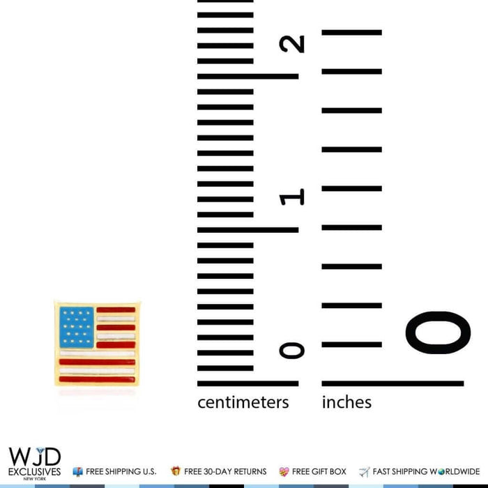 14K Yellow Gold Enamel American Flag July Fourth Screw Back Stud Earrings