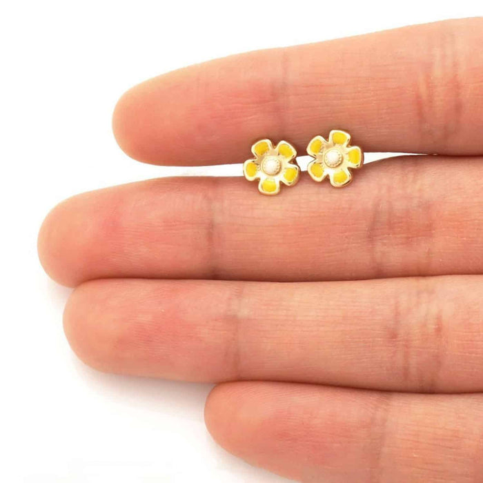 Kids 14K Gold White Pink Blue Green Red Purple Yellow Flower Stud Earrings