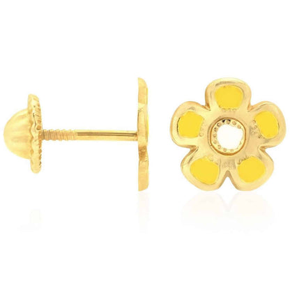 Kid's 14K Gold White Pink Blue Green Red Purple Yellow Flower Stud Earrings