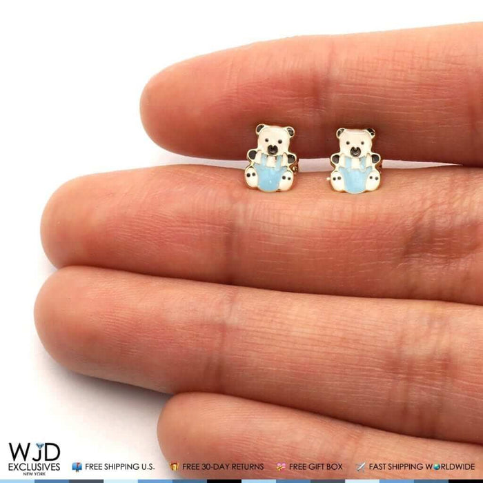 14K Yellow Gold Enamel Panda Bear Baby Screw Back Stud Kid Earrings