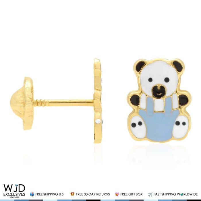 14K Yellow Gold Enamel Panda Bear Baby Screw Back Stud Kid Earrings