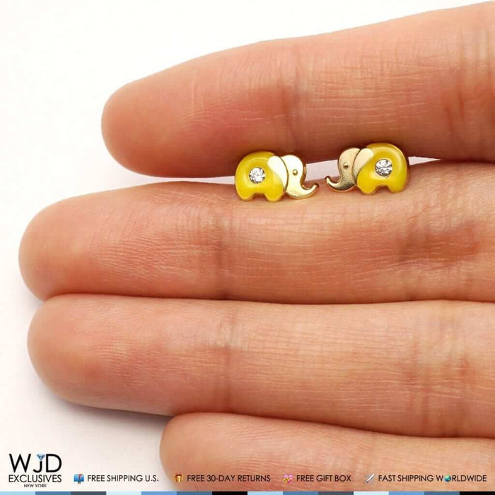 14K Yellow Gold Enamel CZ Elephant Screw Back Stud Earrings
