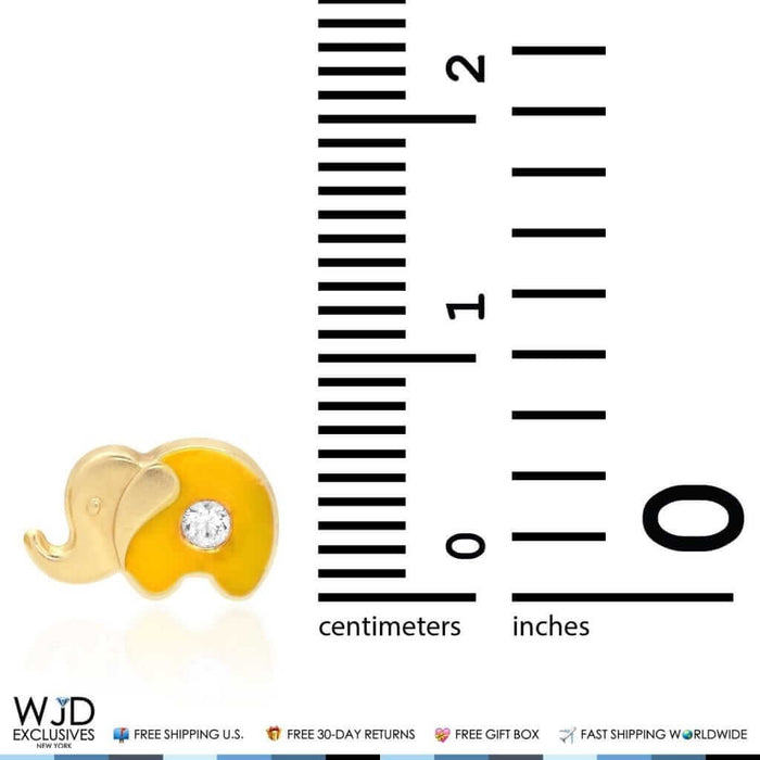 14K Yellow Gold Enamel CZ Elephant Screw Back Stud Earrings