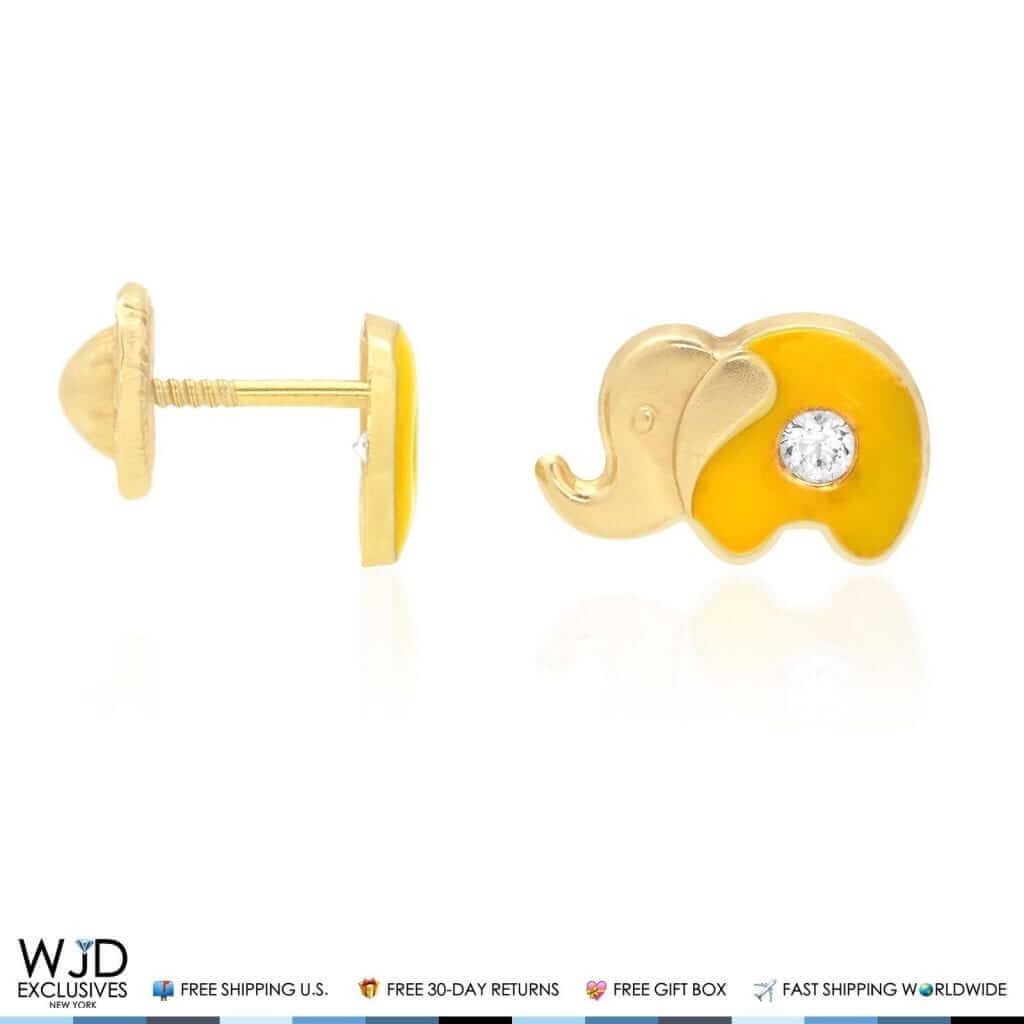 14K Yellow Gold Enamel CZ Elephant Screw Back Stud Earrings