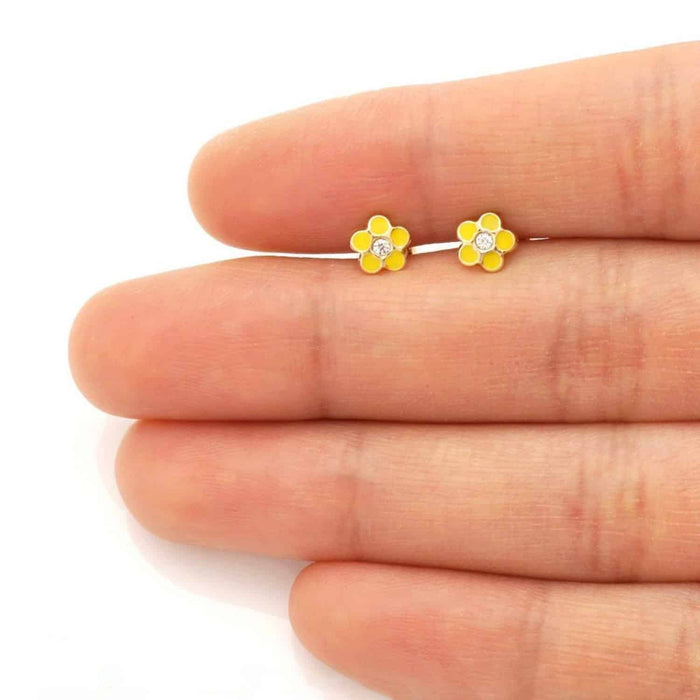 Kids 14K Gold Red Blue Green Pink Purple Yellow Zircon Flower Stud Earrings