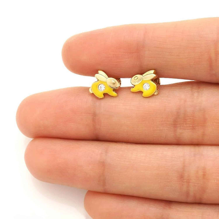 Kids 14K Gold CZ Enamel Rabbit Stud Earrings