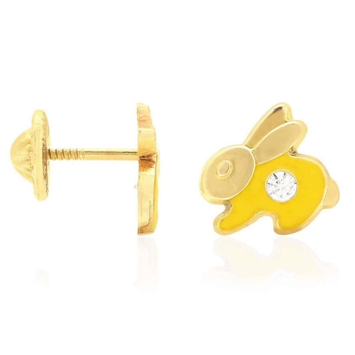 Kids 14K Gold CZ Enamel Rabbit Stud Earrings