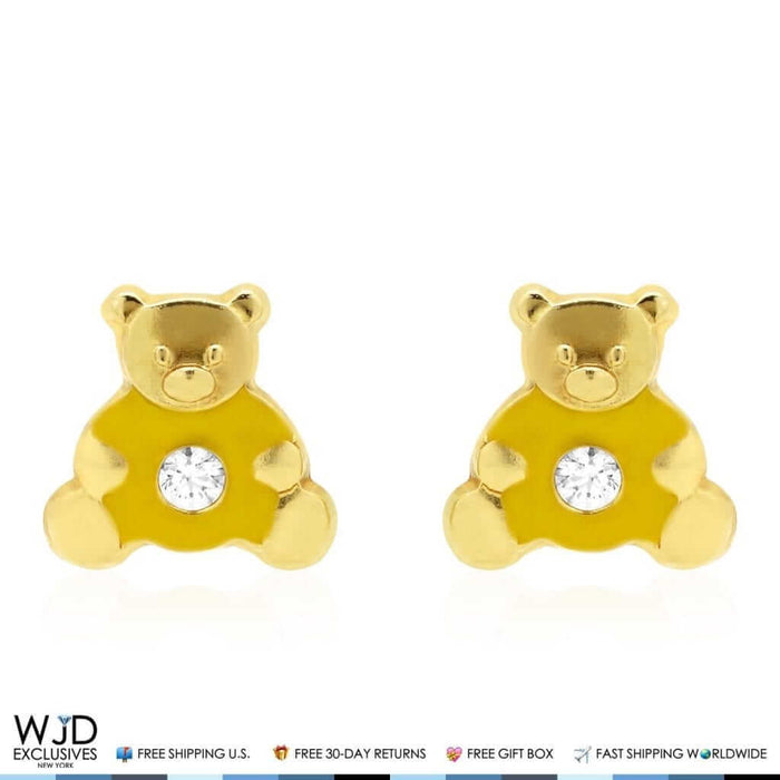 14K Gold Enamel CZ Teddy Bear Screw Back Stud Earrings