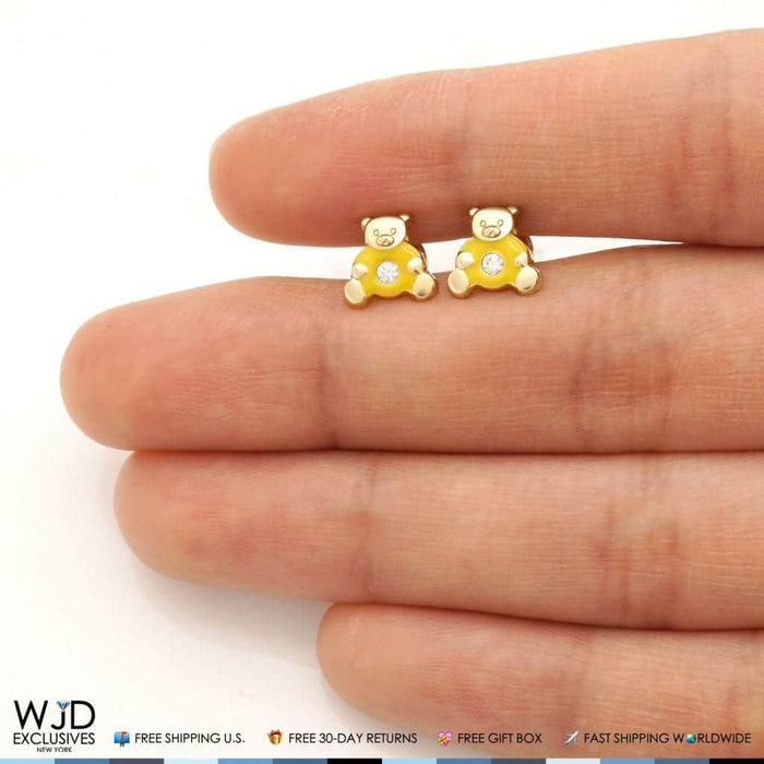 14K Gold Enamel CZ Teddy Bear Screw Back Stud Earrings