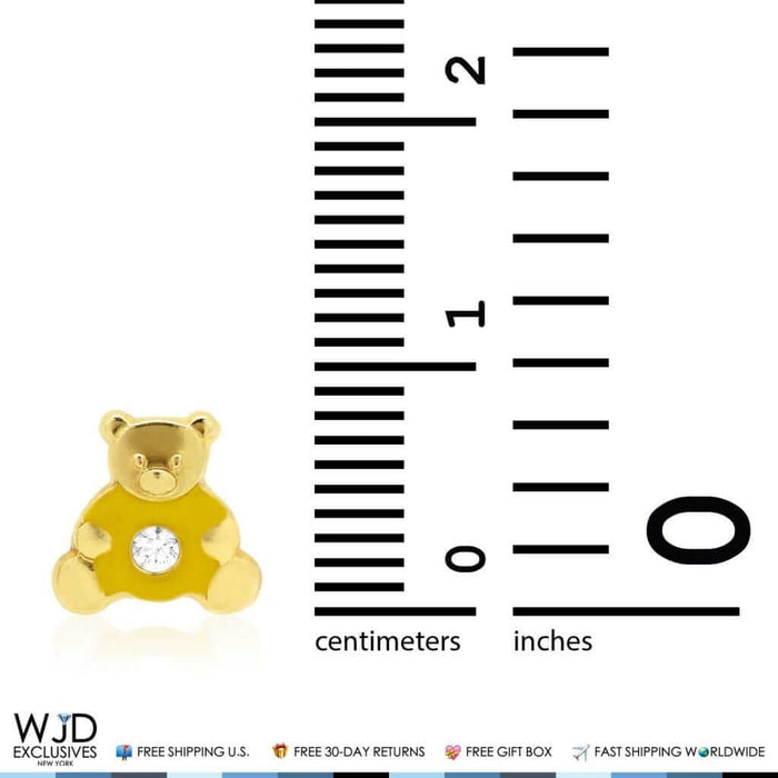 14K Gold Enamel CZ Teddy Bear Screw Back Stud Earrings