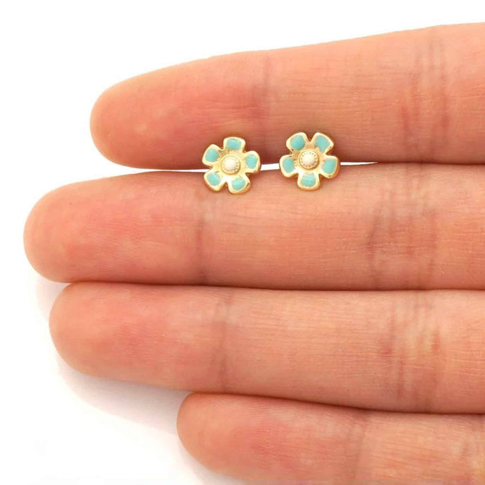 Kids 14K Gold White Pink Blue Green Red Purple Yellow Flower Stud Earrings
