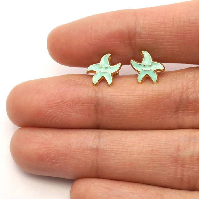 Kids 14K Yellow Gold Blue Pink Red Green Enamel Starfish Stud Earrings