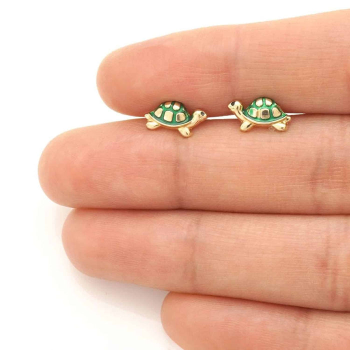 14K Yellow Gold Green Pink Red Blue Enamel Turtle Baby Screw Back Stud Earrings