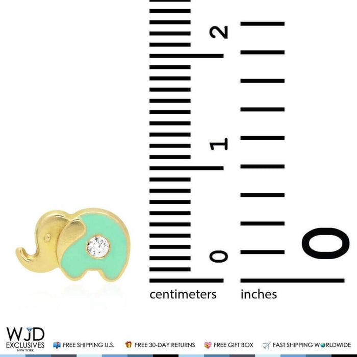 14K Yellow Gold Enamel CZ Elephant Screw Back Stud Earrings