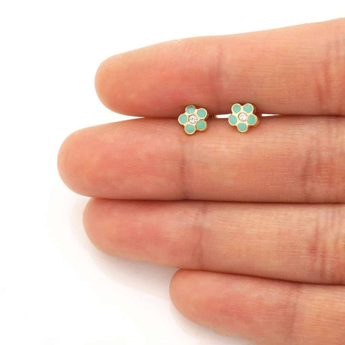 Kids 14K Gold Red Blue Green Pink Purple Yellow Zircon Flower Stud Earrings