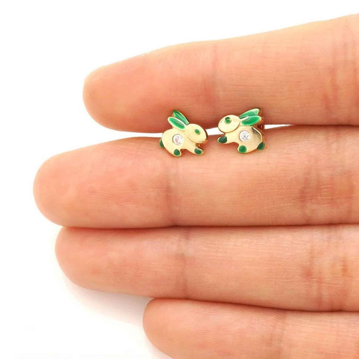 Kids 14K Gold CZ Enamel Rabbit Stud Earrings