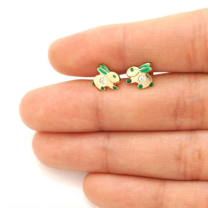 Kids 14K Gold CZ Enamel Rabbit Stud Earrings