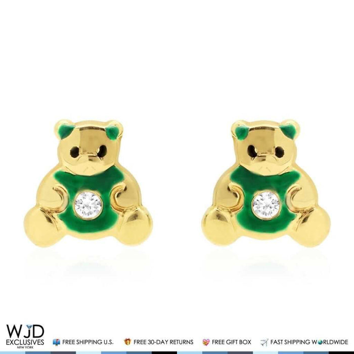 14K Gold Enamel CZ Teddy Bear Screw Back Stud Earrings