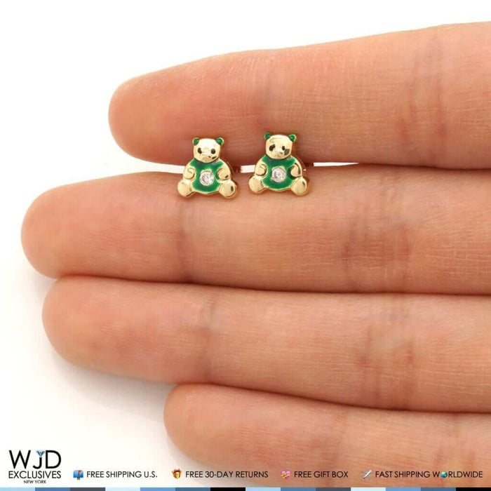 14K Gold Enamel CZ Teddy Bear Screw Back Stud Earrings