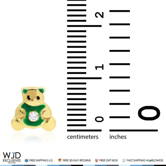 14K Gold Enamel CZ Teddy Bear Screw Back Stud Earrings