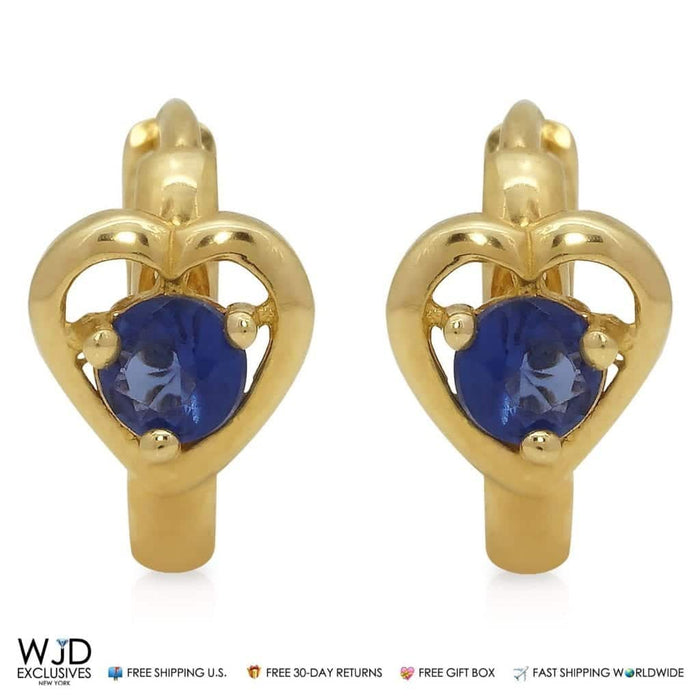 14K Yellow Gold Heart Blue Simulated Sapphire Huggie Hoop Earrings 10mm