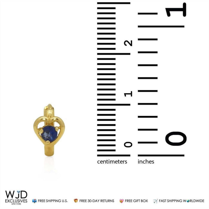 14K Yellow Gold Heart Blue Simulated Sapphire Huggie Hoop Earrings 10mm