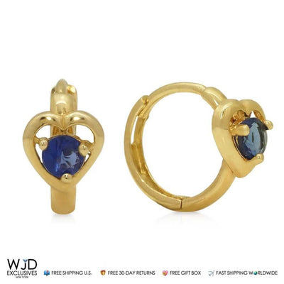 14K Yellow Gold Heart Blue Simulated Sapphire Huggie Hoop Earrings 10mm