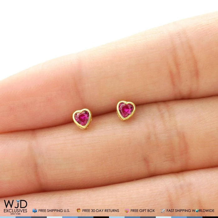 14K Yellow Gold Heart Bezel Simulated Ruby Screw Back Stud Earrings 4mm