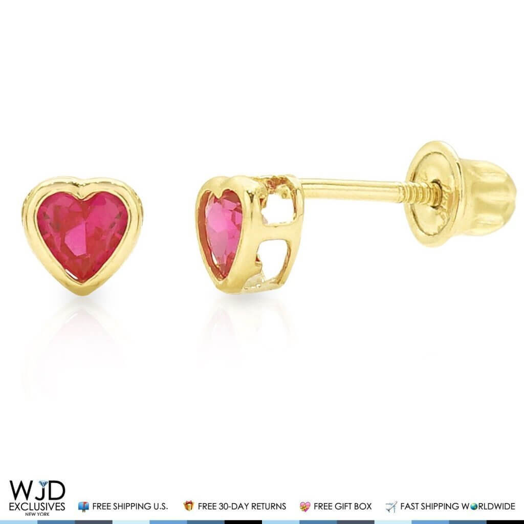 14K Yellow Gold Heart Bezel Simulated Ruby Screw Back Stud Earrings 4mm