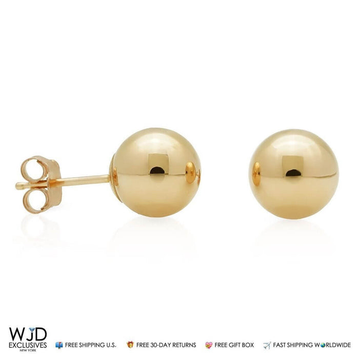 14K Solid Yellow Gold Ball Pushback Round Stud Earrings 7mm