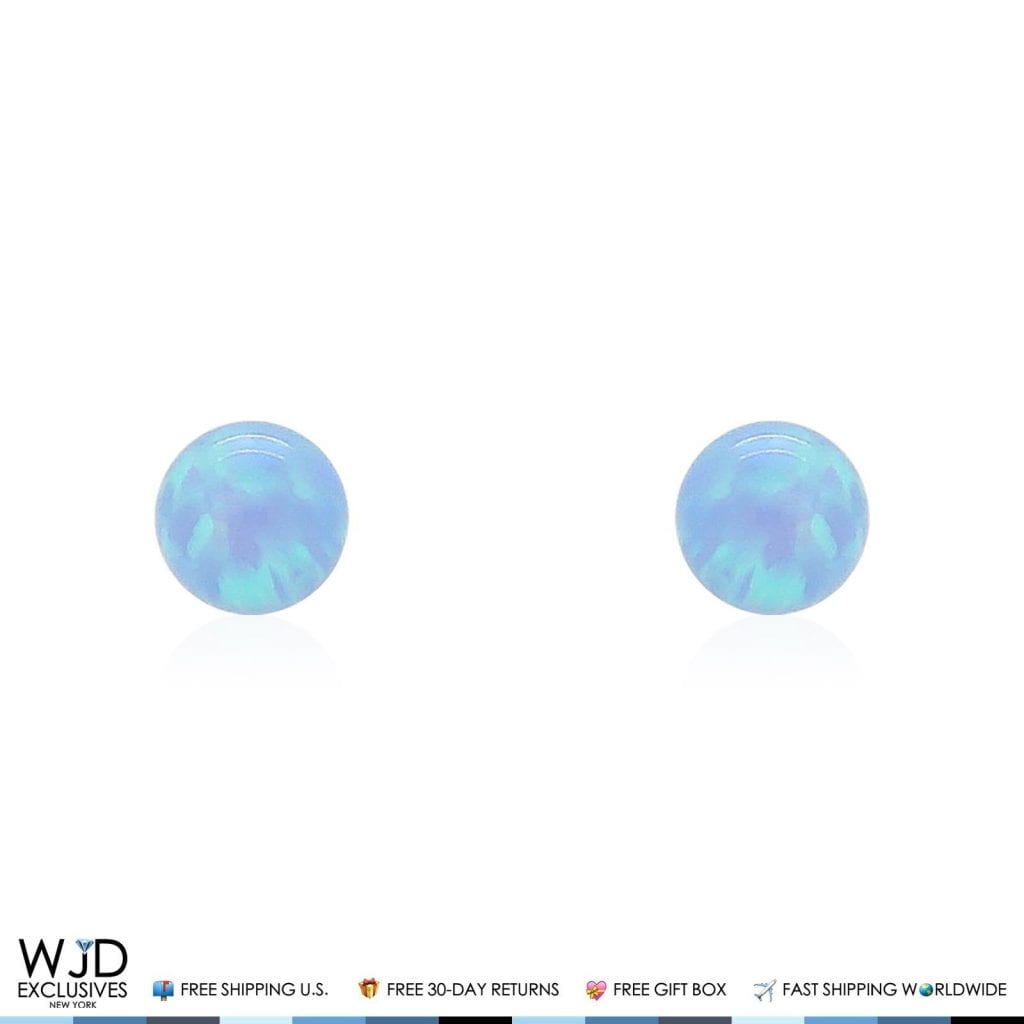 Solid 14K Real Gold Light Blue Opal Round Ball Screw Back Stud Earrings 4mm