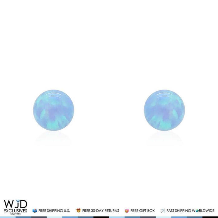 Solid 14K Gold Light Blue Opal Round Ball Screw Back Stud Earrings 4mm