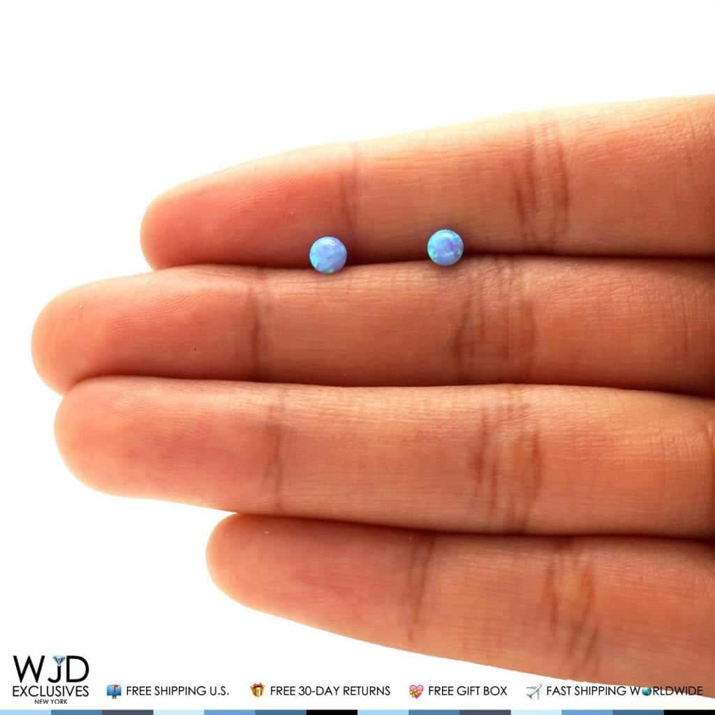 Solid 14K Real Gold Light Blue Opal Round Ball Screw Back Stud Earrings 4mm