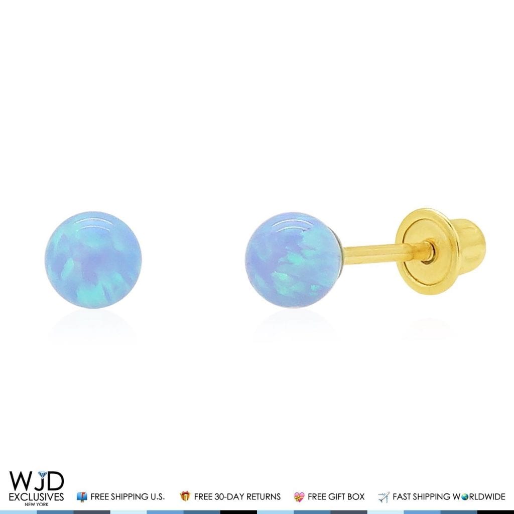 Solid 14K Real Gold Light Blue Opal Round Ball Screw Back Stud Earrings 4mm