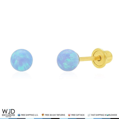 Solid 14K Real Gold Light Blue Opal Round Ball Screw Back Stud Earrings 4mm