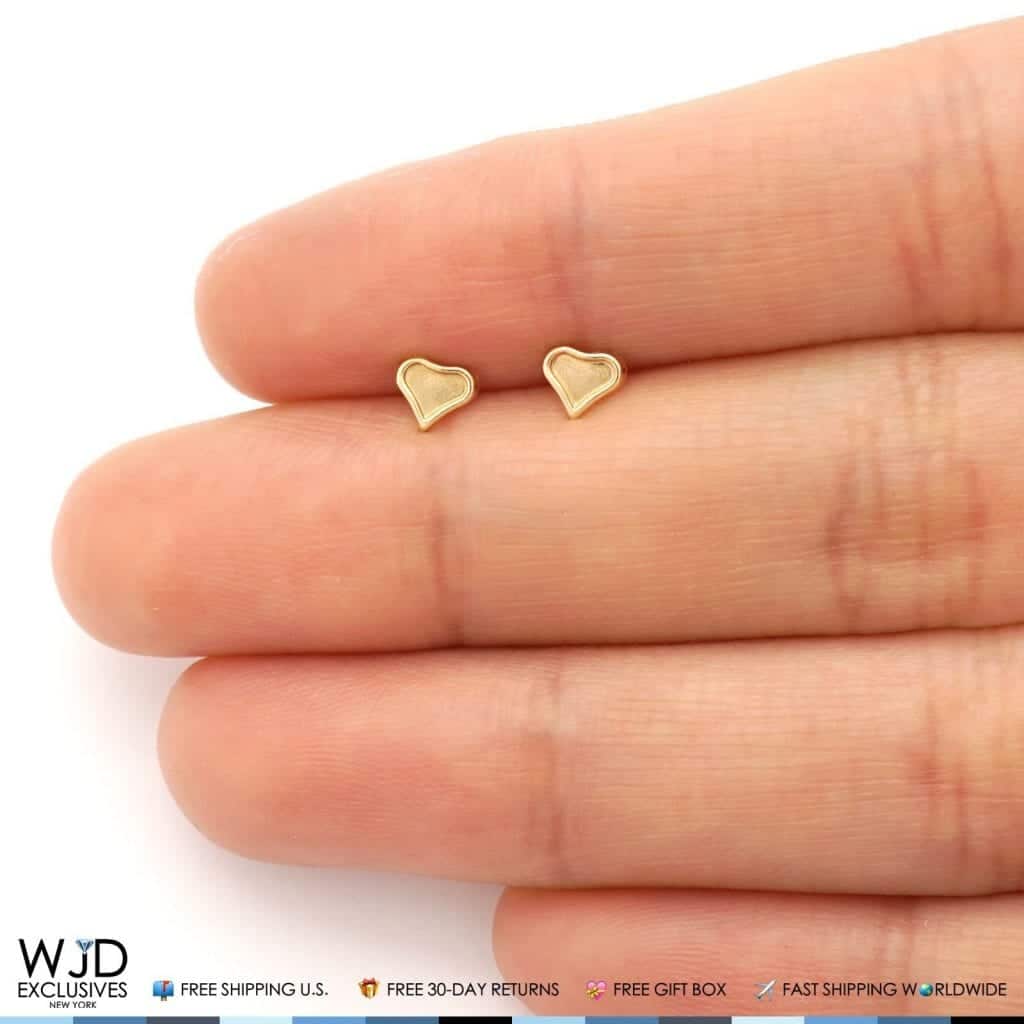 14K Solid Yellow Gold Matte Heart Baby Screw Back Stud Kids Earrings
