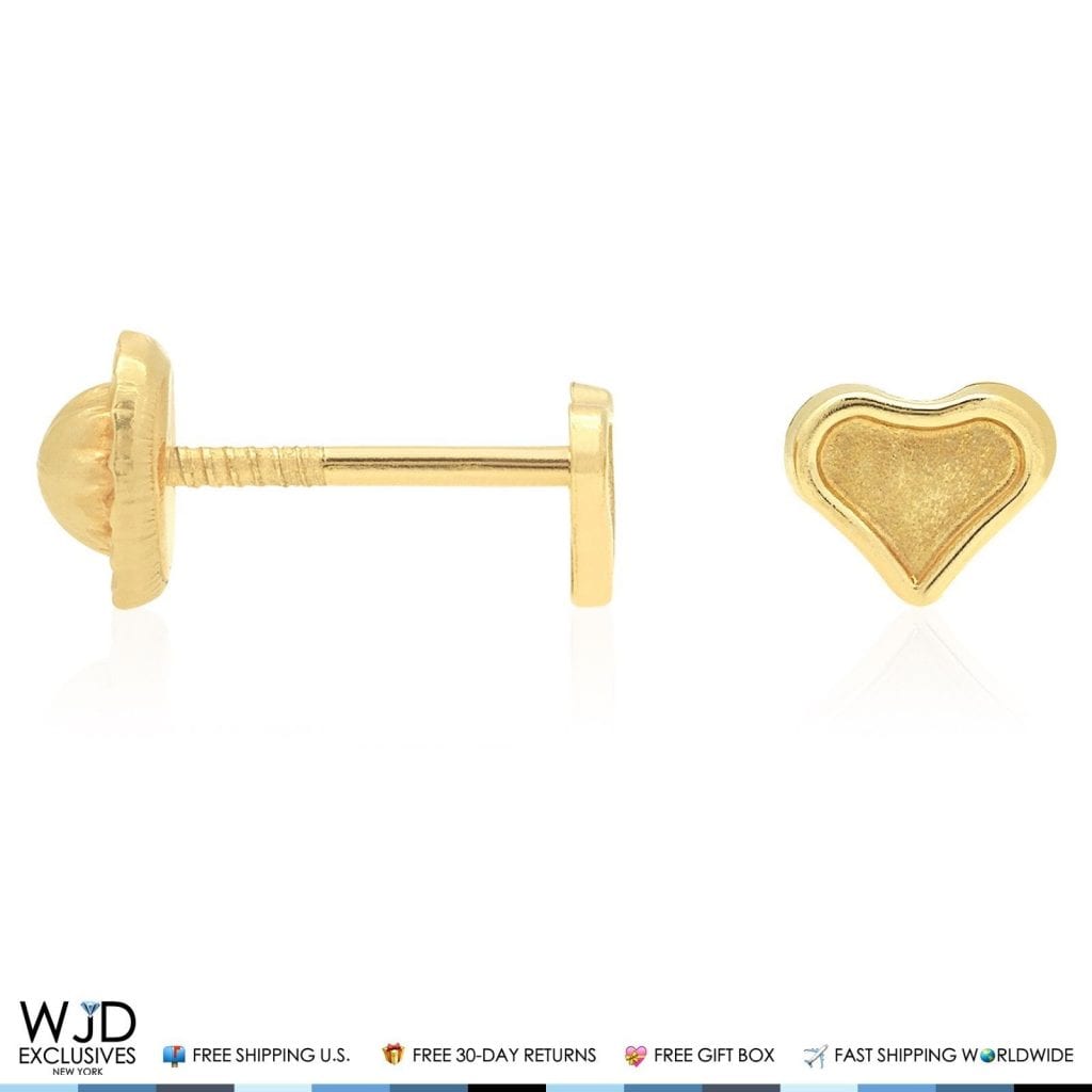 14K Solid Yellow Gold Matte Heart Baby Screw Back Stud Kids Earrings