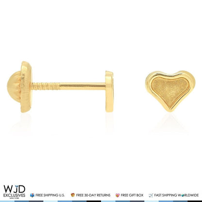 14K Solid Yellow Gold Matte Heart Baby Screw Back Stud Kids Earrings
