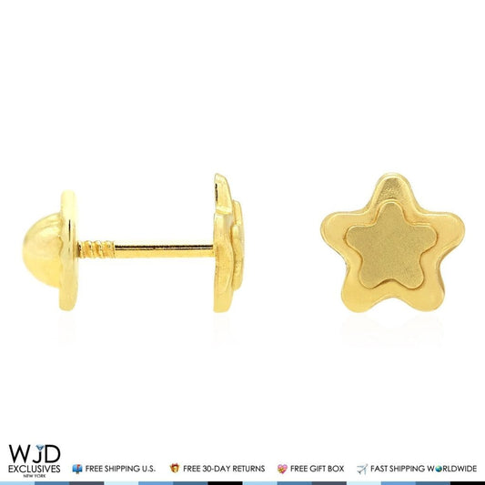 14K Solid Yellow Gold Matte Star Baby Screwback Stud Kids Earrings