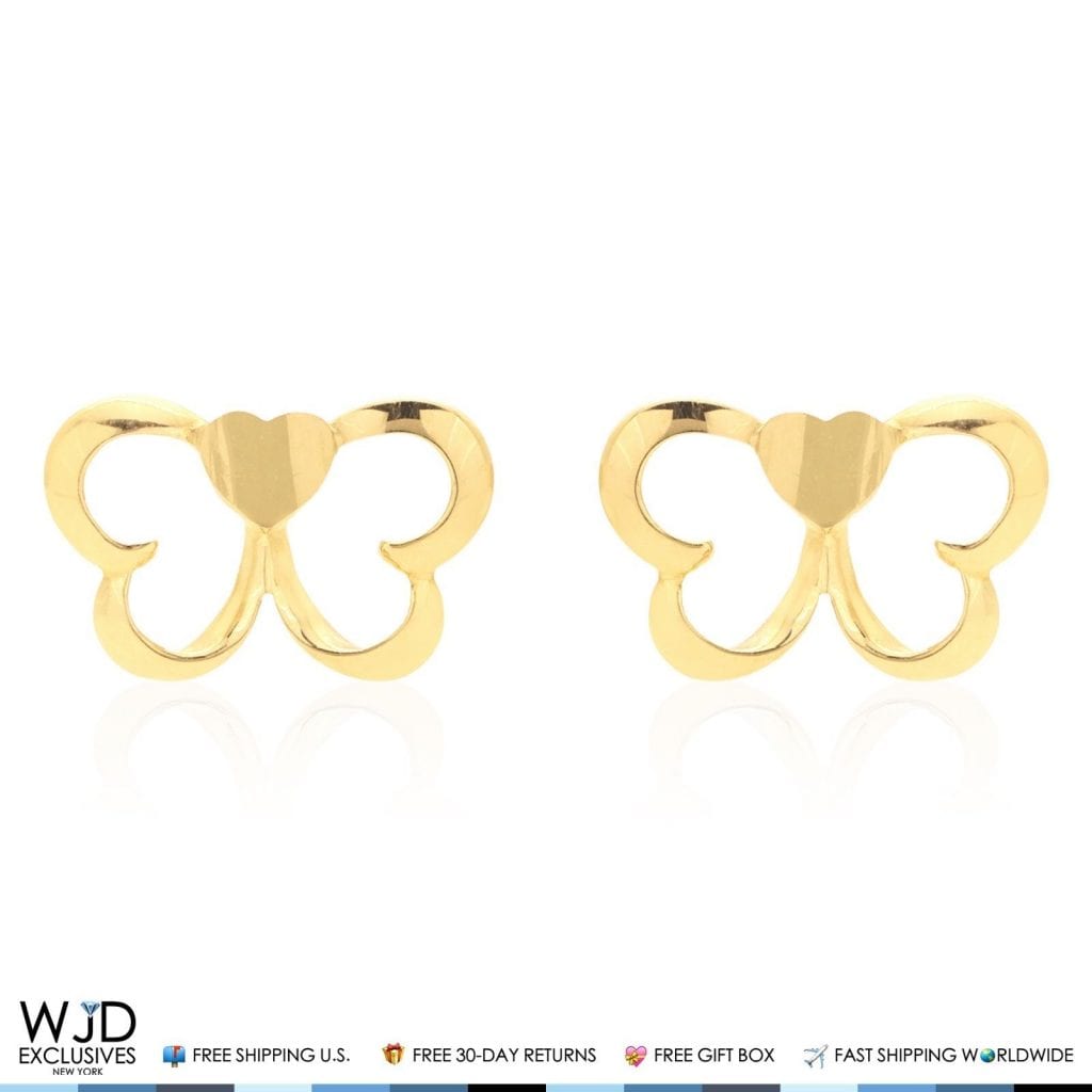 14K Solid Yellow Gold Heart Butterfly Baby Screw-back Stud Kid Earrings