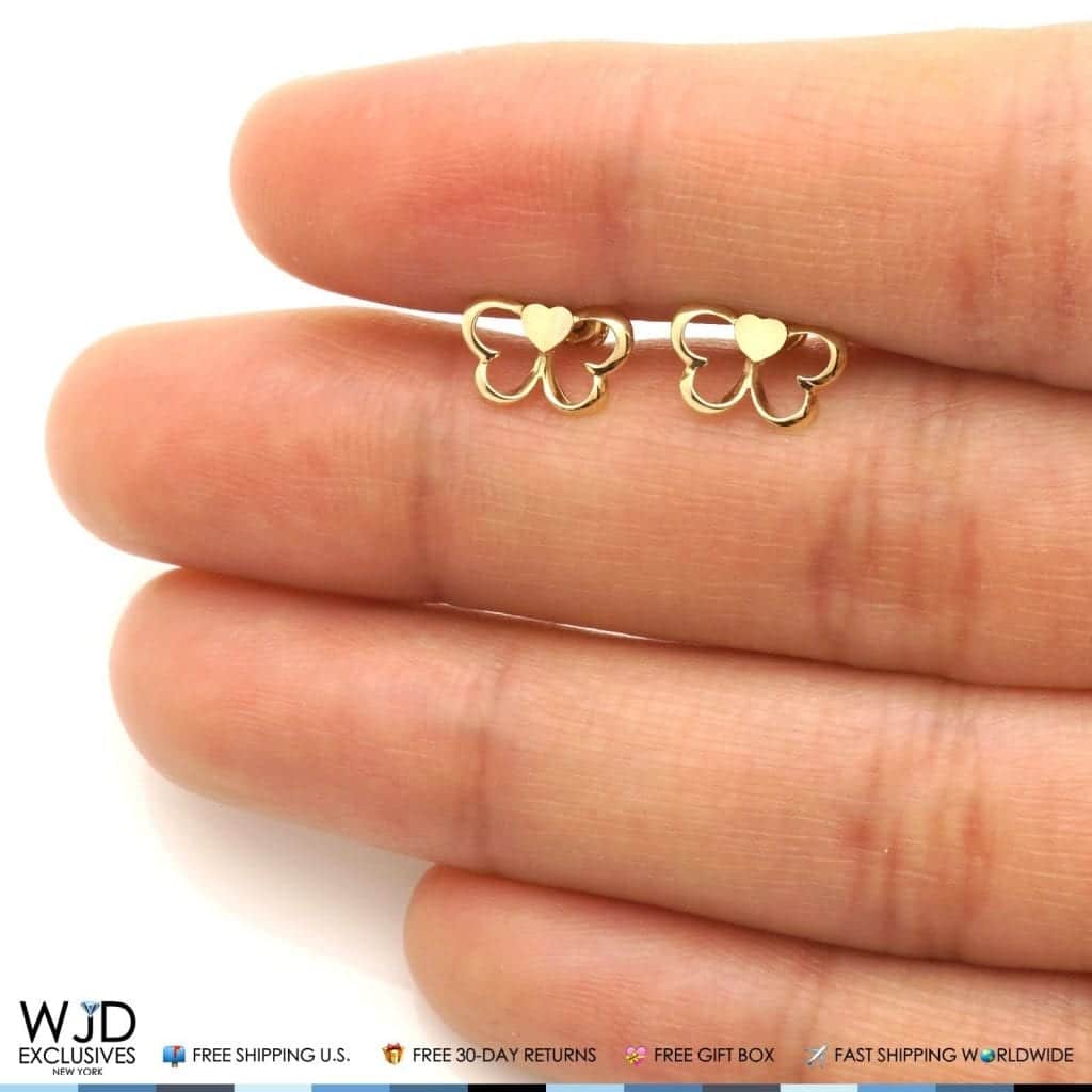 14K Solid Yellow Gold Heart Butterfly Baby Screw-back Stud Kid Earrings