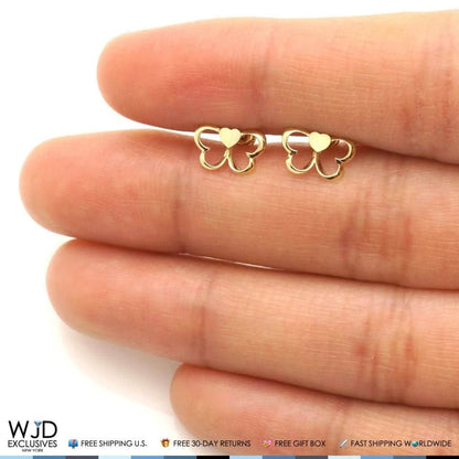 14K Solid Yellow Gold Heart Butterfly Baby Screw-back Stud Kid Earrings